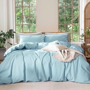 MooMee Bedding Duvet Cover Set 100% Washed Cotton Linen Like Textured Breathable Durable Soft Comfy (Heathered Light Blue, King 104"x90")