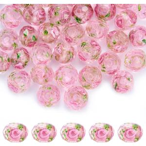60 PCS Colorful Floral Lampwork Beads 10mm Gold Sand Faceted Glass Round Loose Beads for DIY Bracelet Necklace Earring Jewelry Making Supplies (Pink)