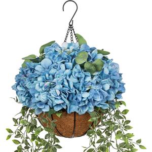 Hollyone Large Blue Hydrangea Artificial Flowers Arrangements in Hanging Basket 13" Fake Hanging Plants Flowers UV Resistant Silk Flower Plant Faux Hydrangea Flower with Pot Outdoor Indoor Decor