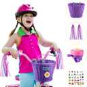 Kid's Bicycle Basket Streamers Set, Children's Bike Handlebar Wicker Basket with Colourful Bike Streamers Bell and Stickers, Bike Decoration Accessories Kit for Girls