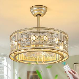 KAISITE Farmhouse Fandelier Ceiling Fan with Lights 19 Inch Gold Rustic Vintage Crystal Ceiling Fan Antique Fandelier Semi Flush Mount Bladeless Chandelier Fan for Bedroom Living Room Dining Room, Large