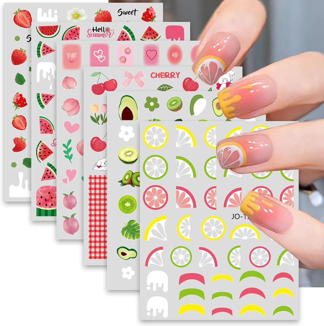 4 x 6 Sheets Fruit Nails Stickers Nails Art Stickers 3D Self Adhesive Colorful Fruit Nail Decals with Mixed Cherry Watermelon Strawberry Lemon Nail Design Nail Art Supplies for Women Nail Decorations