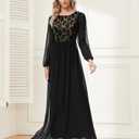 Women's Sequin Evening Dresses Long Sleeves Crewneck Floor Length Chiffon Formal Ball Gowns Dress (Medium, Black)