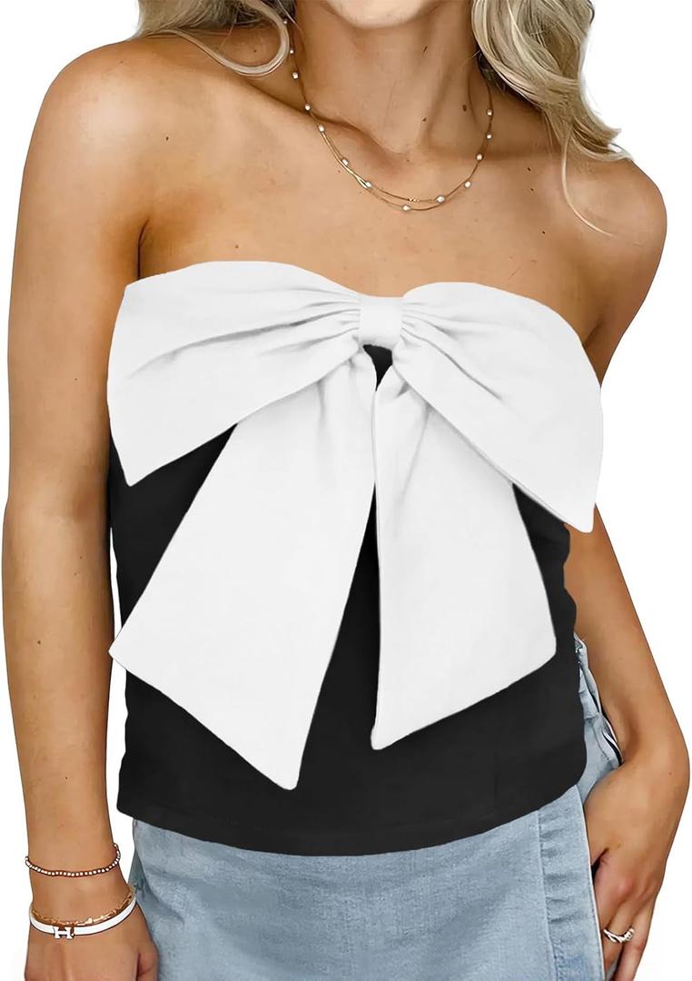 Cicy Bell Womens Bow Strapless Tube Tops Cropped Summer Cute Fitted Y2K Going Out Bandeau Tank Tops Backless Corset Shirts (Large, Black&white)