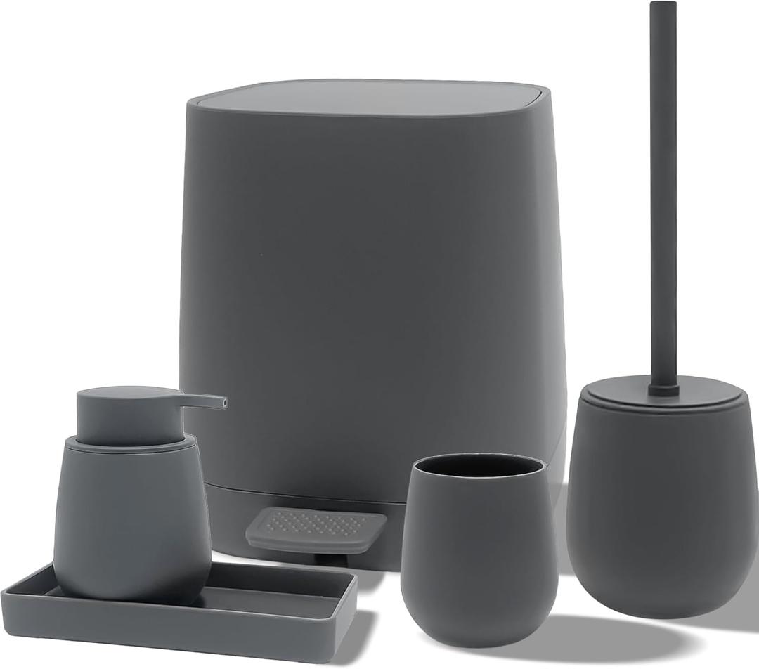 Modern Elegance Bathroom Accessories Set with Trash Can, Soap Dispensers,Toothbrush Cup,Toilet Brush,and Tray for Bathroom Decor (Grey, Bath Set)