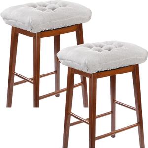 Rectangular Stool Cushion Set of 2, Soft Saddle Stool Cushions with Ties, Nonslip and Washable, Grey, 18 x 10.5 x 4 Inch