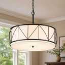 19.7 Inch Drum Chandelier, 5-Light Rustic Black Dining Room Light Fixture