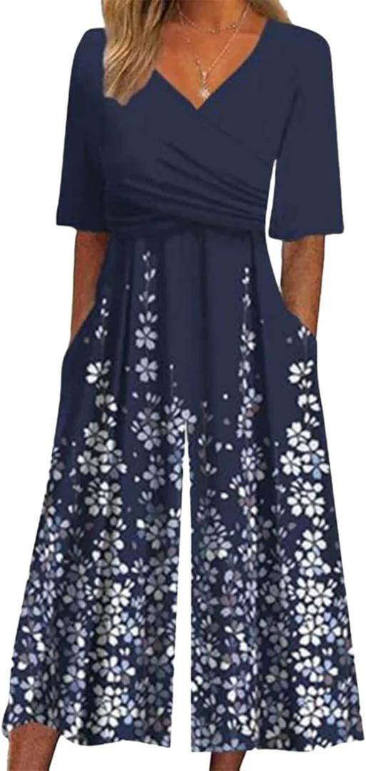 XNC Women's Casual Jumpsuits 2025 Summer Trendy Wrap V Neck Short Sleeve Wide Leg Pants Floral Print Rompers with Pockets (Blue, M)