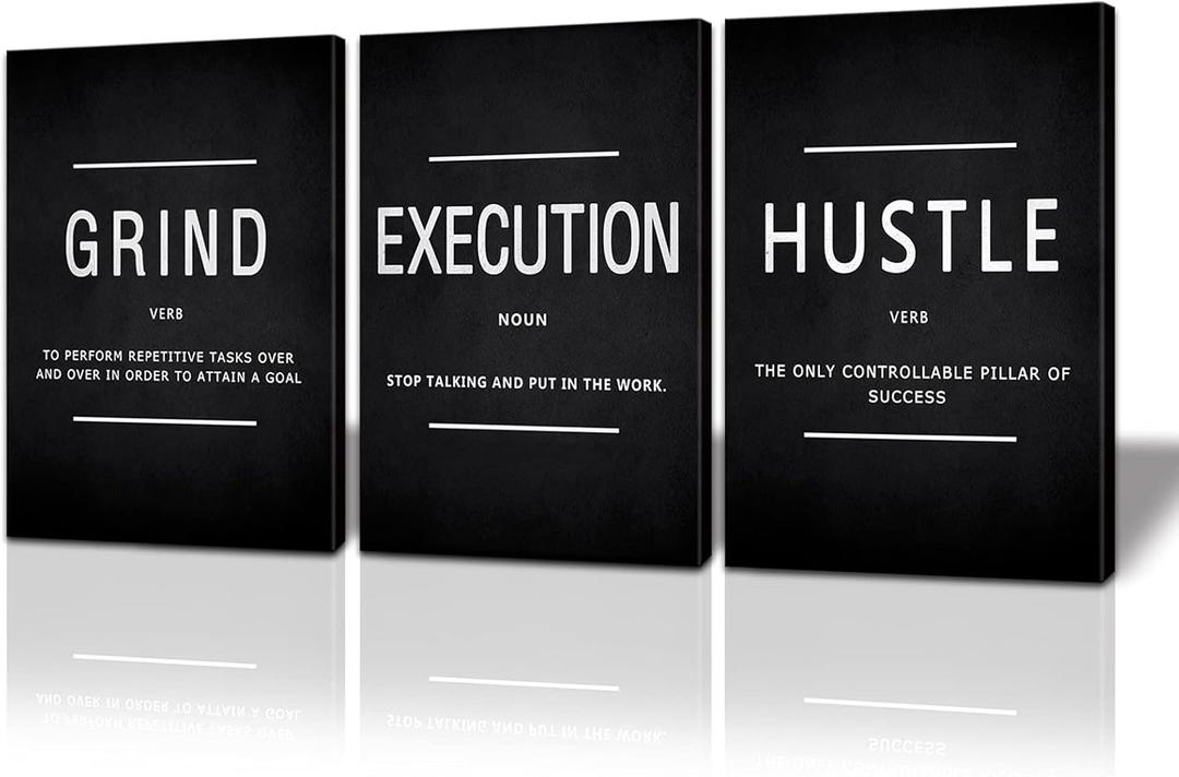 BWSPACE Motivational Wall Decor Grind Hustle Execution Wall Art Office Wall Decor Posters for Men 3 Pieces Framed Canvas Wall Prints Artwork Home Gym Bedroom Ready to Hang