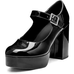 Coutgo Women's T-Strap Round Toe Platform Heels Chunky Heel Patent Mary Jane Dress Shoes, Size 8