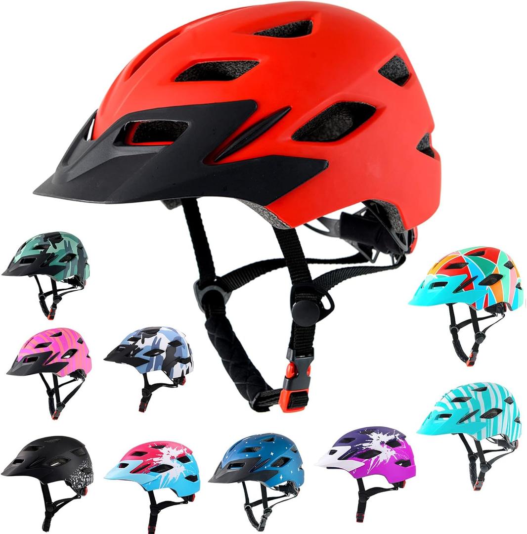 Kids Bike Helmet,Bavilk Kids Boys Girls Bike Helmets with LED Light Detachable Visor Children Youth Teen Multi-Sport for Skating Cycling Scooter Skateboard Adjustable & Lightweight 19.7"-22.4" (Matte Red)