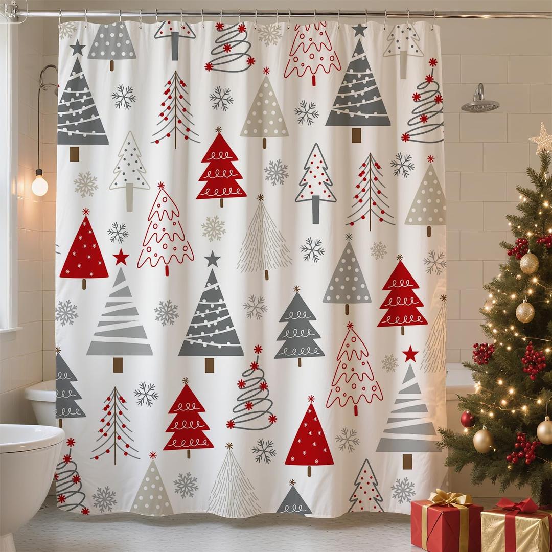 Christmas Tree Shower Curtain Grey Beige Red Xmas Tree with Snowflake Cute Bathroom Curtain Merry Christmas Xmas Pine Winter Holiday Bath Curtain Home Decor, 72x72 Inch
