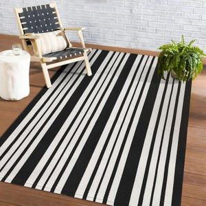 KOZYFLY Black and White Striped Outdoor Rug 4x6 Ft Area Rug Washable Indoor Outdoor Rug Hand Woven Cotton Door Mat Outdoor Carpet for Front Door Entryway Patio Porch Living Room