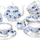 Bone China Tea Set, 21-Pieces Porcelain Tea Set for Adults, Tea Cups And Saucers for 6, with Teapot, Spoons, Sugar Bowl, Creamer Pitcher, Vintage Tea Set for Women Tea Party,Gift Box (Blue)