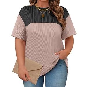 Cakrisyal Womens Plus Size Short Sleeve Color Block Pullover Tunic Tops Summer Casual Crewneck Side Split T Shirts Size XL