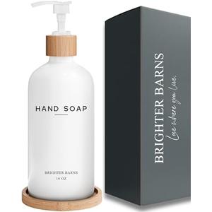 White Glass Hand Soap Dispenser Bathroom Set by Brighter Barns - Liquid Hand Soap Dispenser for Kitchen Sink - Boho Bathroom Pump Bottle Set - Minimalist Home Decor for Vacation Rental, Gifts (White)