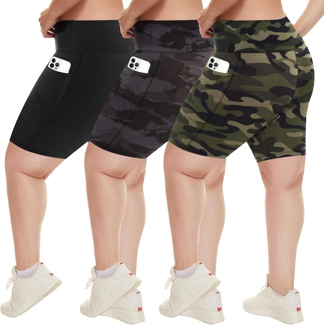 HLTPRO 3 Pack Plus Size Biker Shorts with Pockets for Women 8"/5"/3" High Waist Tummy Control Shorts for Yoga (Black, XXXL)