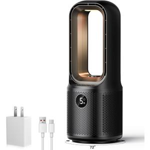 Let'me Bladeless Desk Fan Small Quiet, 5-Speed Bedside Table Fan with 3-Level Brightness Night Light, 72 Oscillation, 9-Hour Timer, Wired Power with Adapter, Fan for Bedroom Office Home, 13x5 Inch (Black)