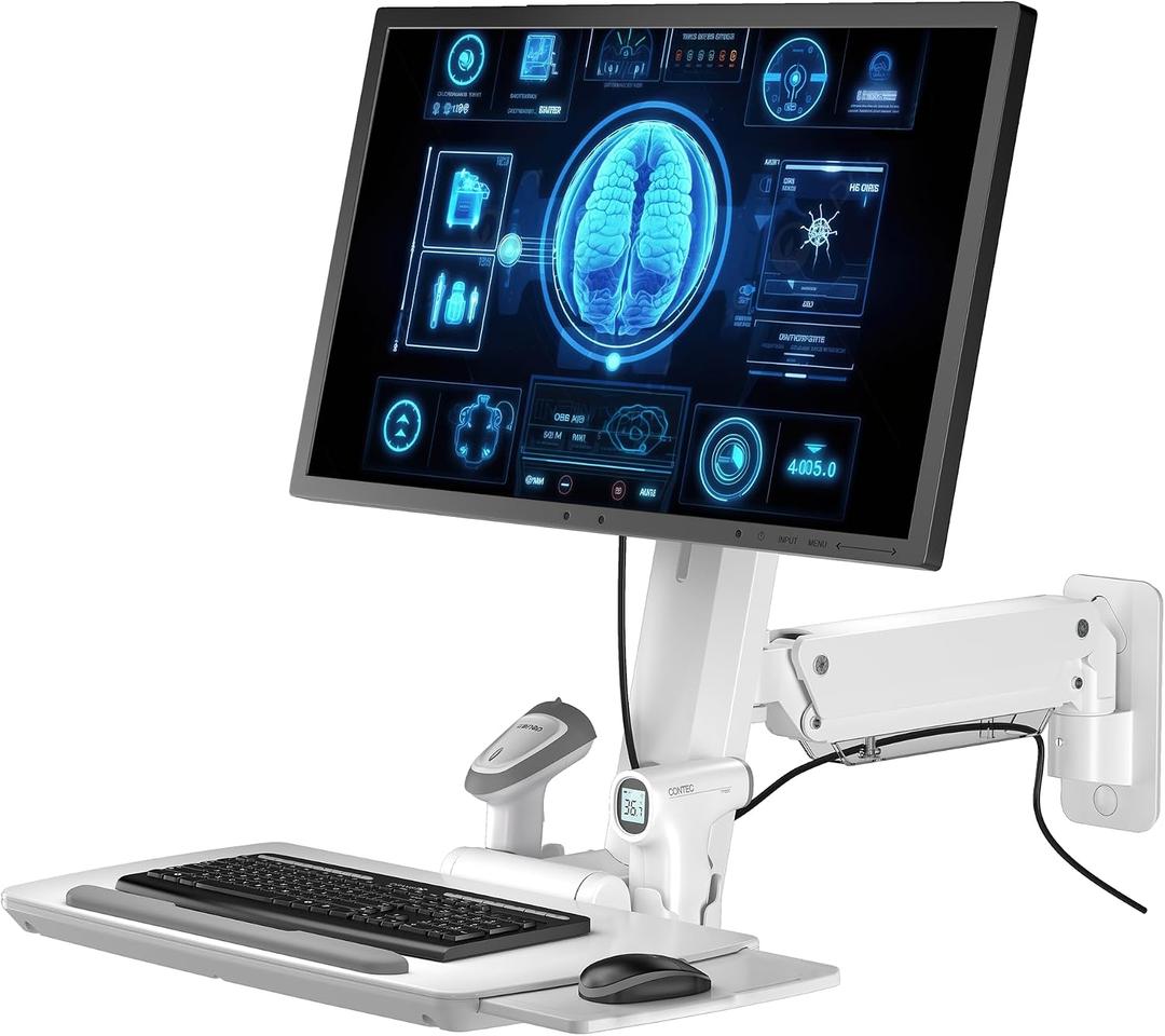 Mount Plus MED02 Medical Wall Mount Workstation with Folding Keyboard Tray | Large Sliding Mouse Pad | Height Adjustment Space Save Folding Design for 17"-35" Screen | Scanner Holder