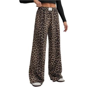 RoseSeek Women's Leopard Print Wide Leg Pants Patched Elastic Waist Casual Loose Trousers, Medium