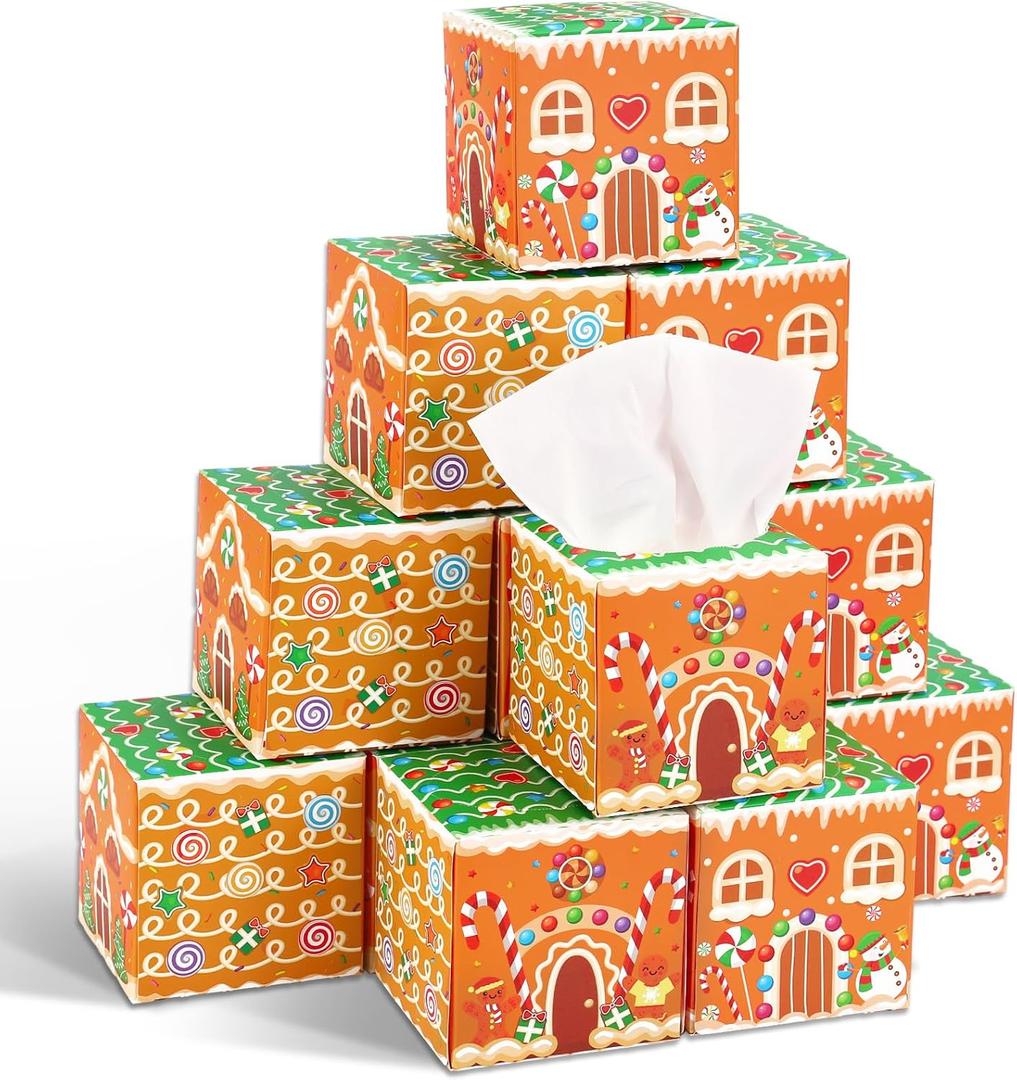 FYSUIMU 12Pcs Christmas Facial Tissues Cube Boxes Gingerbread House Square Tissue Box Cover with 600 Sheets 3 Ply Napkins for Xmas Holiday Home Party Car Accessories