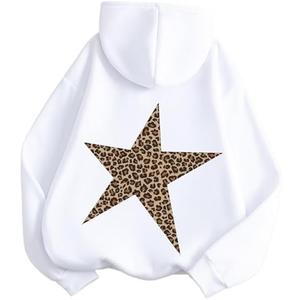 Obenie Women Oversized Leopard Star Graphic Hoodies Y2K Aesthetic Long Sleeve Pullover Sweatshirt Unisex Pullover Tops,White, X-Large