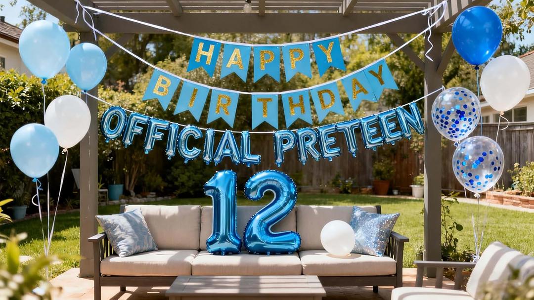 12th Birthday Decorations Blue for Boys, Official Pre-teen 12th Party Decoration, Blue Birthday Banner Silver Number 12 Star Foil Balloons Confetti Balloons for 12Year Old Boys(12th)