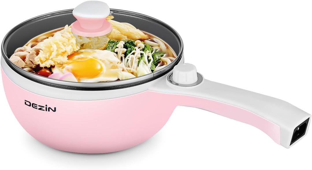 Dezin Hot Pot Electric Upgraded, Non-Stick Saut Pan, Rapid Noodles Electric Pot, 1.5L Mini Portable Hot Pot for Steak, Egg, Fried Rice, Ramen, Oatmeal, Soup with Power Adjustment (1.6 Quarts, Pink)