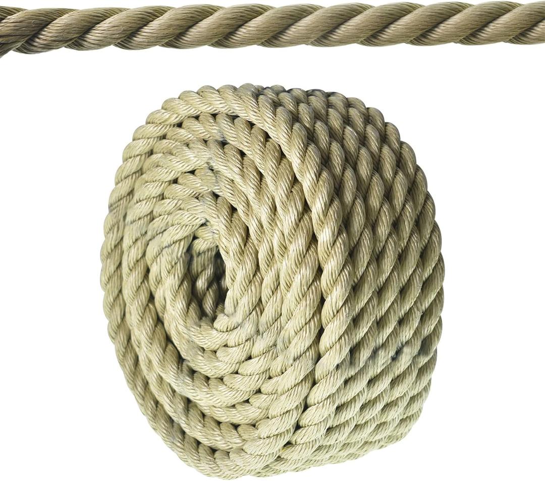 3/4 in 50 FT Twisted 3 Strand Synthetic Polypropylene Rope Artificial Manila Rope Suitable for Tree Work Camping Navigation Swing