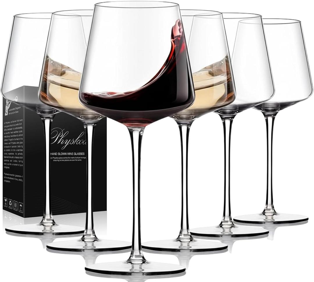 Physkoa Wine Glasses Set 6-18oz-LeadFree Wine Glass with Long Stem,Clear Stemmed Wine GlassesHandBlown Glassware Crystal Wine Gifts for Women Birthday Wedding, 6 Count
