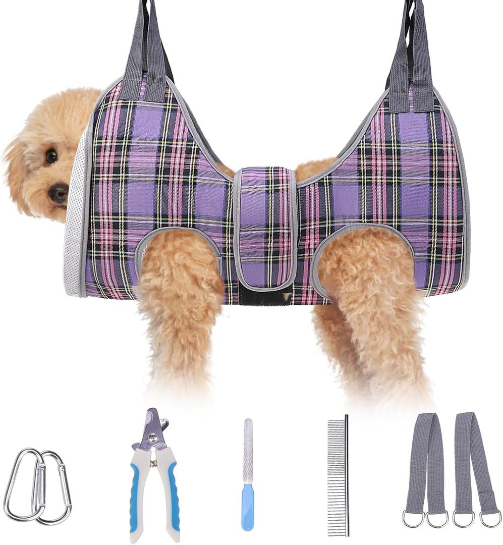 BEAUTYZOO Dog Grooming Hammock for Small Dogs Cat- Dog Sling for Nail Trimming/Clipping- Dogs Hanging Harness Holder with Thick Fabric Neck Support & Strap Restraint Claw Care, Purple XS (Leg Spacing: 6-9.5" / Max W: 15lbs))