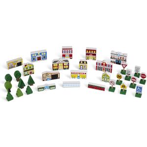 Melissa & Doug Wooden Town Play Set with Storage Tray (32 pcs) Pretend Play Wooden Town Set for Kids with Storage