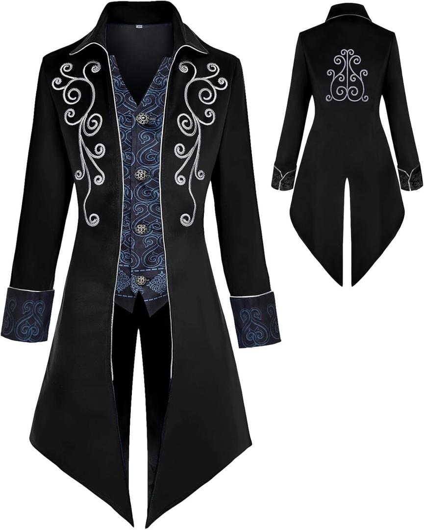 Medieval Clothing Men's Costumes Steampunk Jacket, Victorian Gothic Tailcoat, Halloween Pirate Vampire Costumes, XL