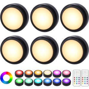 Cadrim Puck Lights, 6 Pack 13 Colors Changeable LED Puck Lightings Battery Powered Dimmable Under Cabinet Lights, Battery Powered Under Counter Lights with 2 Wireless Remote Controls, Black