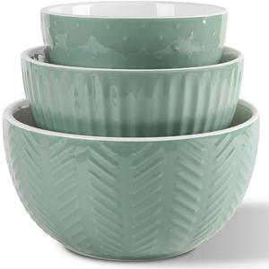 HAPPY KIT Ceramic Mixing Bowls Set, Serving Bowls Set For Kitchen,Large 5/3/1.5 Quart Bowl Set of 3, Prep Nesting Bowl for Baking and Mixing Salad,Avocado green