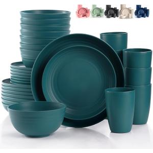 Green Unbreakable Plates and Bowls Sets Microwave and Dishwasher Safe,Dark Green Dinnerware Sets for 8,Reusable Plastic Dishes Set Lightweight for Kids Elderly Kitchen Adults Camping Outdoor