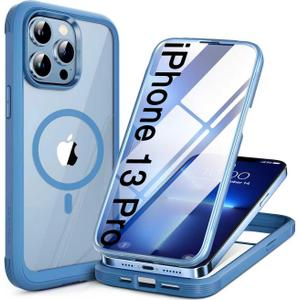 Miracase Magnetic Glass for iPhone 13 Pro Case,Compatible with MagSafe,Full-Body Protection Bumper with Shockproof Military-Grade,Built-in 9H Tempered Glass Screen Protector,Capri Blue