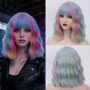 14" Short Rainbow Curly Wig For Women Girls Heat Resistant Fiber Wigs Halloween Cosplay Daily Party+Cap (Rainbow)
