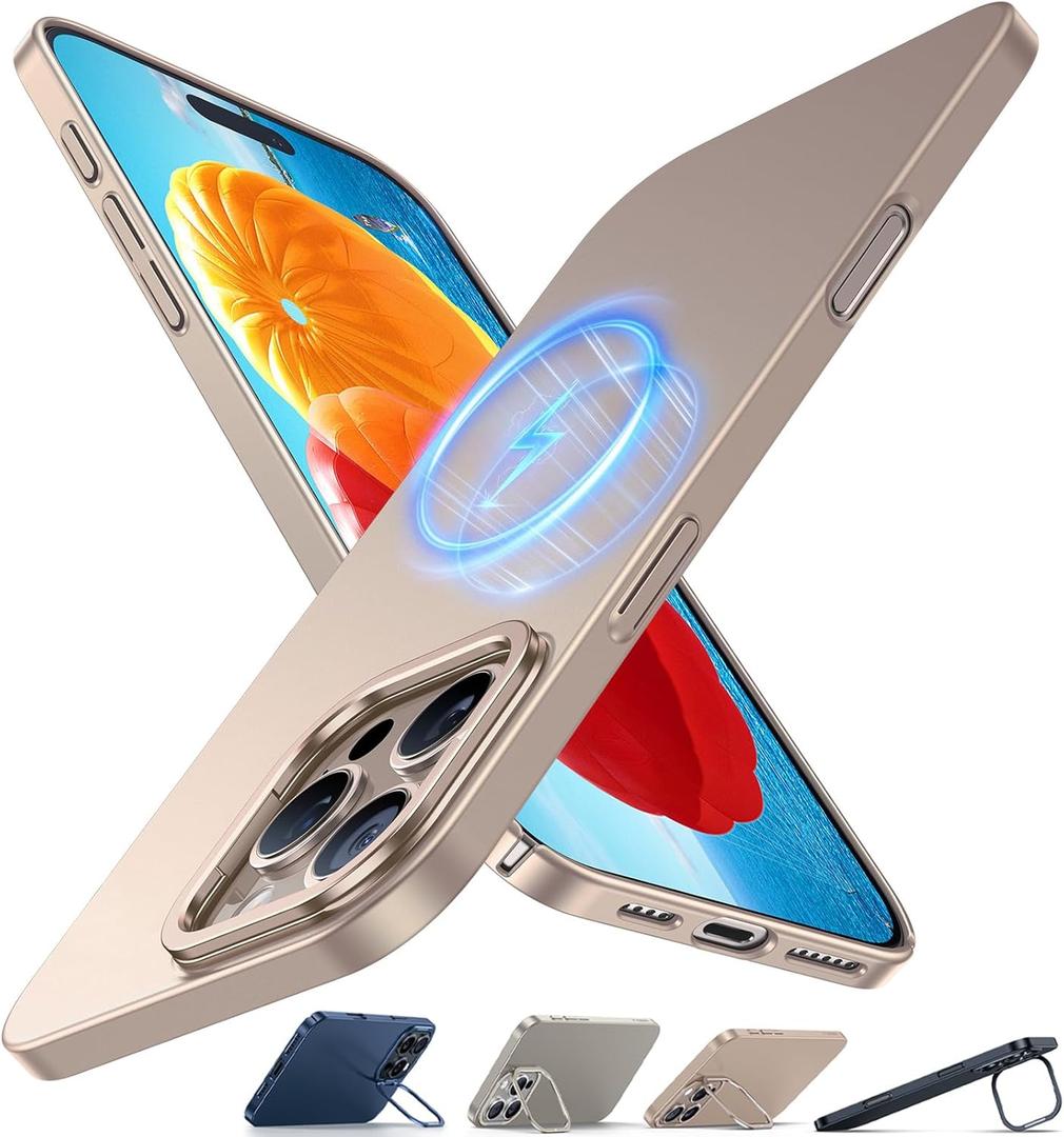 TORRAS Magnetic Slim Fit for iPhone 16 Pro Max Case with Stand, Compatible with MagSafe, Built-in Stash Stand, Thin 16 ProMax Case, Light Anti-Scratch Matte Hard PC 6.9 inch, Desert Titanium