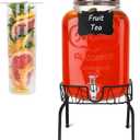 2 Gallon Glass Drink Dispensers, 1 Pack Clear Beverage Dispenser with Stand and Spigot for Parties, Drink Dispenser with Ice Core and Sticker for BBQ, Picnic, Lemonade Dispenser