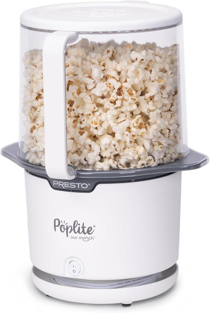 Presto 04812 PopLite Our Munch Hot Air Popcorn Popper - Family Sized, Built-In Serving Bowl, Compact Design, 15 Cups, White