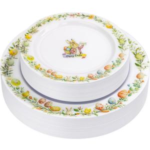 Nervure 40pcs Easter Plastic Plates - Bunny Plates Set Includes 20PCS 10.25" Dinner Plate & 20PCS 7.5" Dessert Plate, Heavy duty Plates, Easter Pink Eggs, Rabbit plates, Perfect for Easter Party