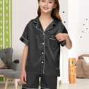 ALHAVONE Silk Pajamas for Girls Satin Pajama Kids 3 Pieces Short Sleeve Girl Button-down Pjs Shorts Pants Sleepwear (Black, 5-6 Years)