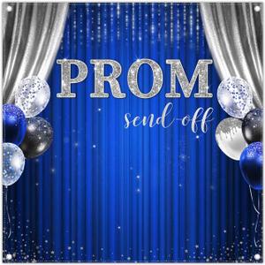 6x6ft Fabric 2026 Prom Send Off Backdrop Blue and Silver Glitter Graduation Balloon Photography Background Congrats Grad Class School Party Decorations Photo Banner