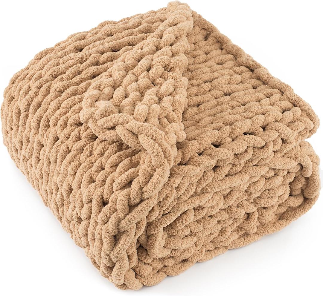 Chunky Knit Throw Blanket 60x80, 100% Handmade Chenille Yarn