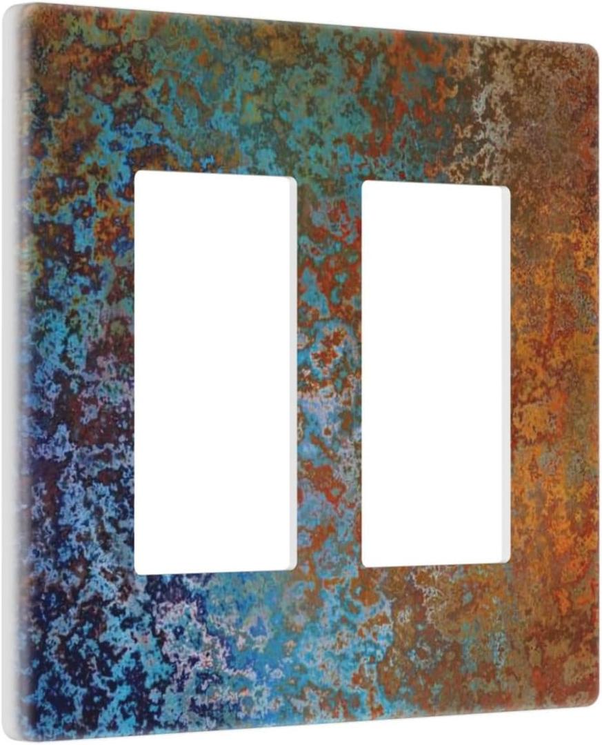 Old Abstract Blue/Red Messy Rust 2 Gang Double Decorator GFCI/Rocker Wall Plate Orange Messy Metal Copper Rusty Iron Print Electrical Outlet Decorative Receptacle Cover Light Switch for Dimmer, USB