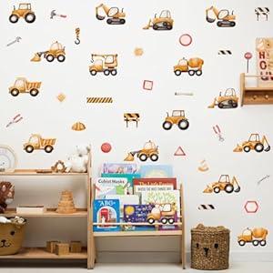 XUOIAYNB Construction Vehicle Wall Stickers, Watercolor Excavator Bulldozer Crane Truck Vinyl Wall Decals, Removable Engineering Car Artwork Wall Art for Boys Bedroom Playroom Decor