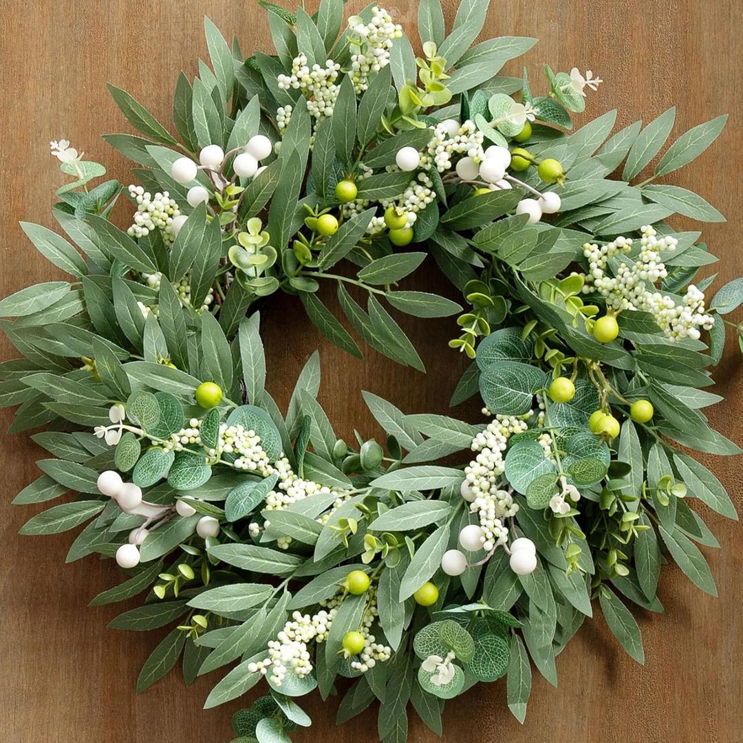 Eucalyptus Wreaths for Front Door Spring Summer Door Wreath with Olives Leaves, Mixed Berry for All Season Indoor Outdoor Farmhouse Home Porch Wall Window Festival Wedding Decor,20 Inch