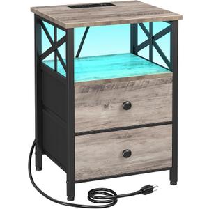 AMHANCIBLE Nightstand with Fast Charging Station, End Tables Living Room with USB Charger 3-Port & 2-Power Outlet, Bedside Table with Storage Fabric Drawers for Bedroom HET052LGY1 (Greige+black)