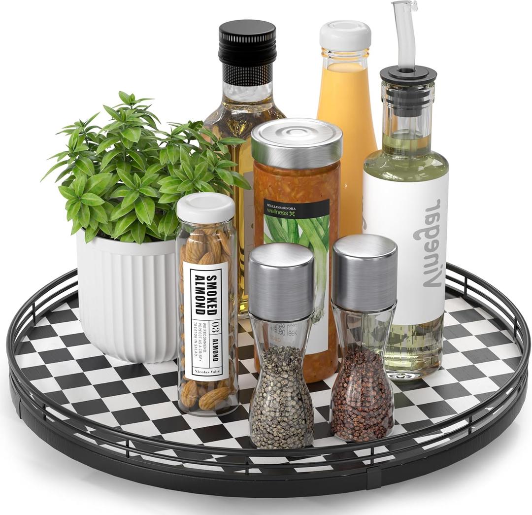 Black and White Kitchen Lazy Susan Turntable  Checkered Round Decorative Tray, 13 Table Top Oak Wood Lazy Susan for Cookies, Dining Table Organizer, Small Kitchen Table Centerpiece